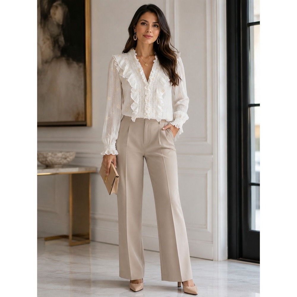 House of Harlow 1960 L White Sheer Crinkle Ruffle Blouse Victorian Embroidered
